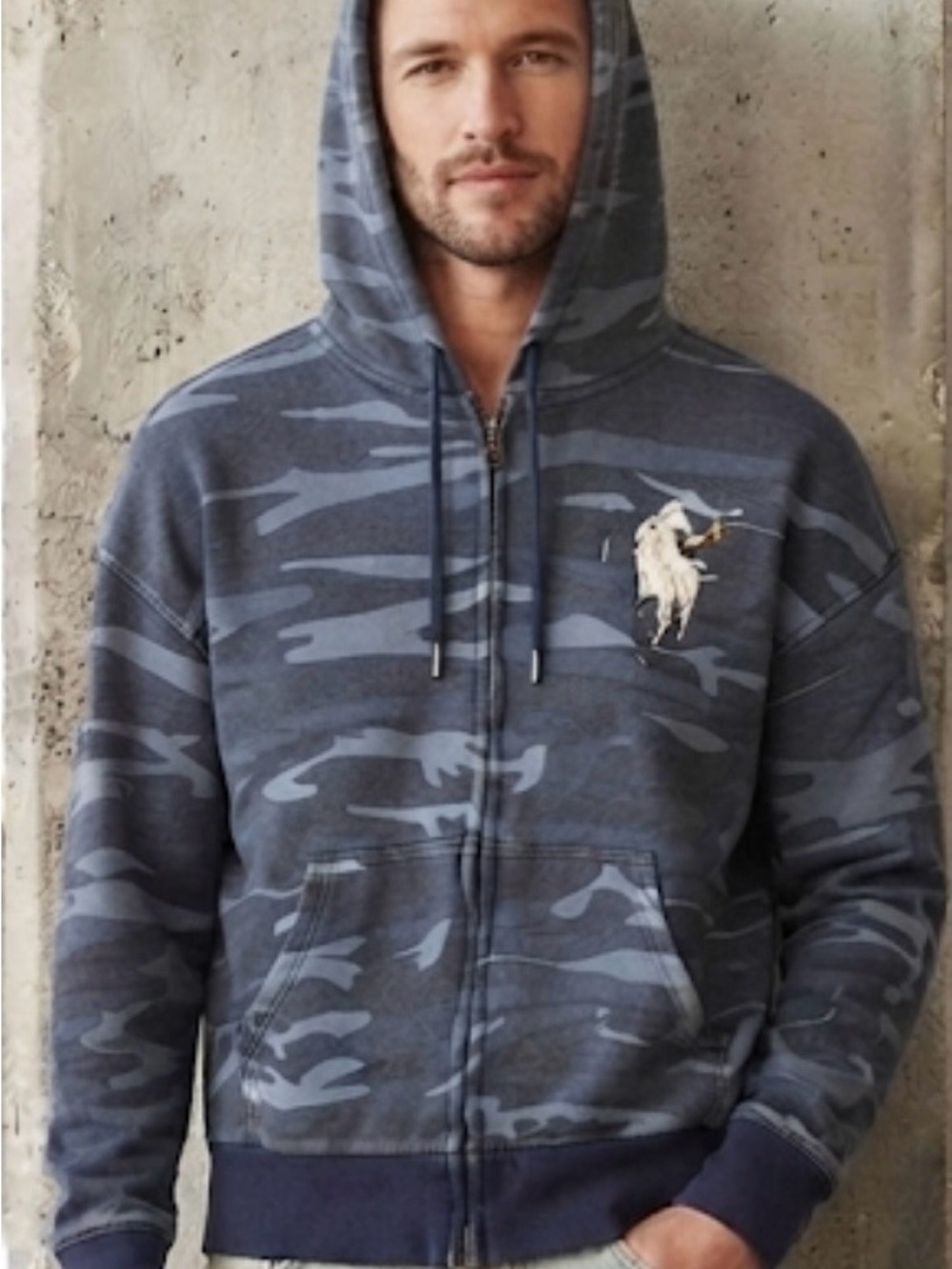 MENS UNISEX Zip-Up Hoodie with BLUISH AND GRAYISH Camouflage Pattern and Hood.